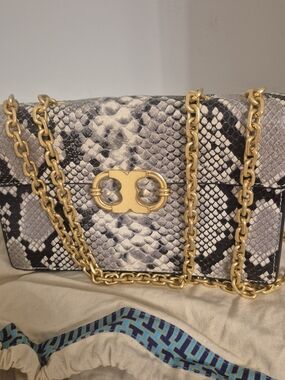 Tory Burch Black & White Python-Print Shoulder Bag with Gold Chain